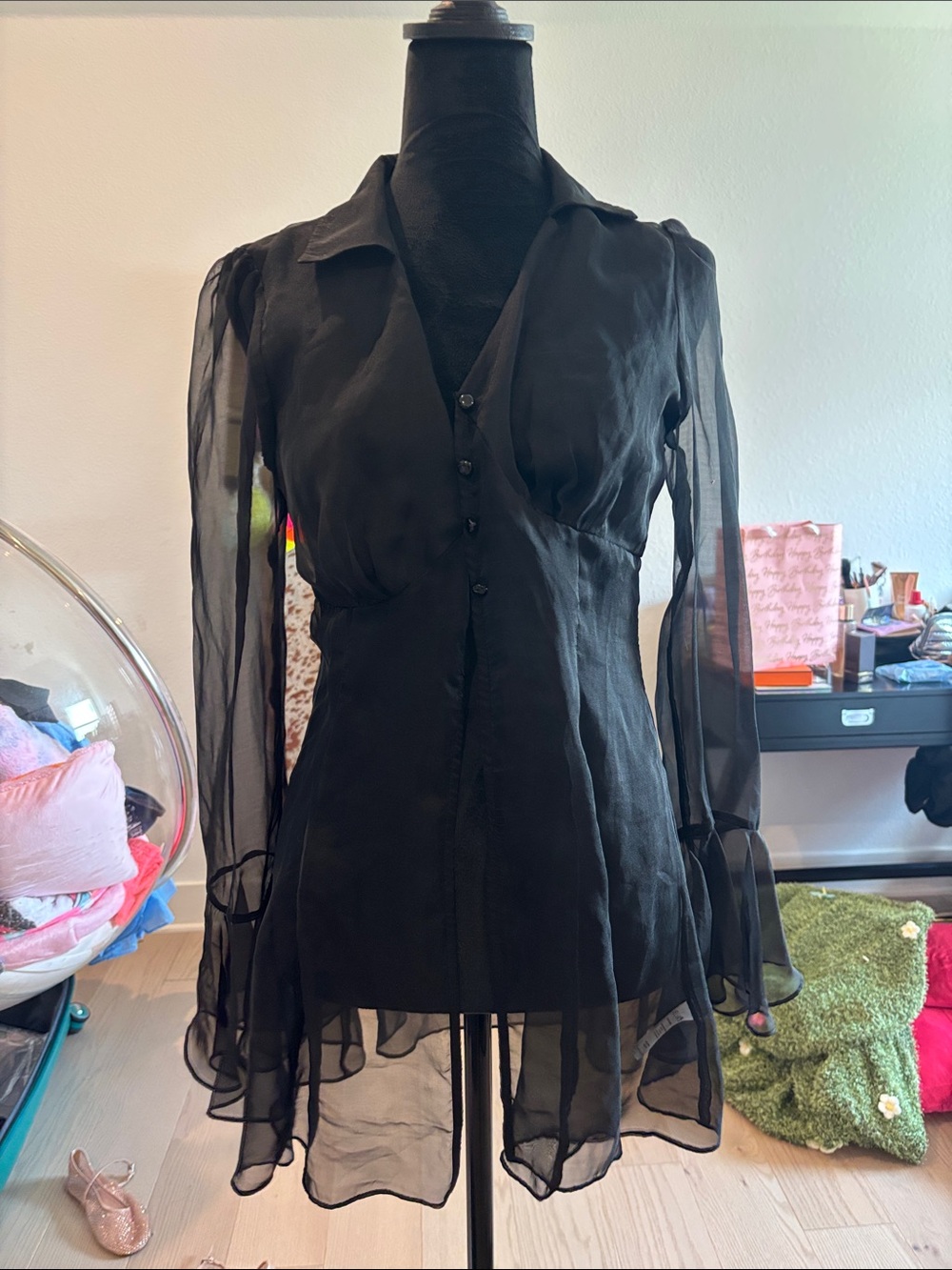 dELiA*s Black Sheer Long-Sleeve Button Blouse